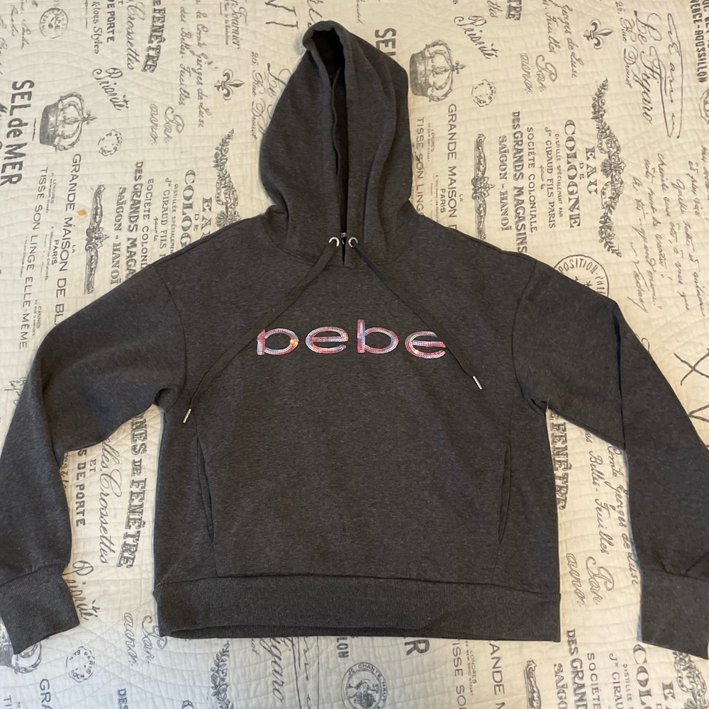 Womens Grey Sequin Hoodie, Bebe, Size M